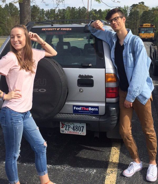 Two Lafayette students, Joanne Owens and Zachary Tayman, show their support for Bernie Sanders
