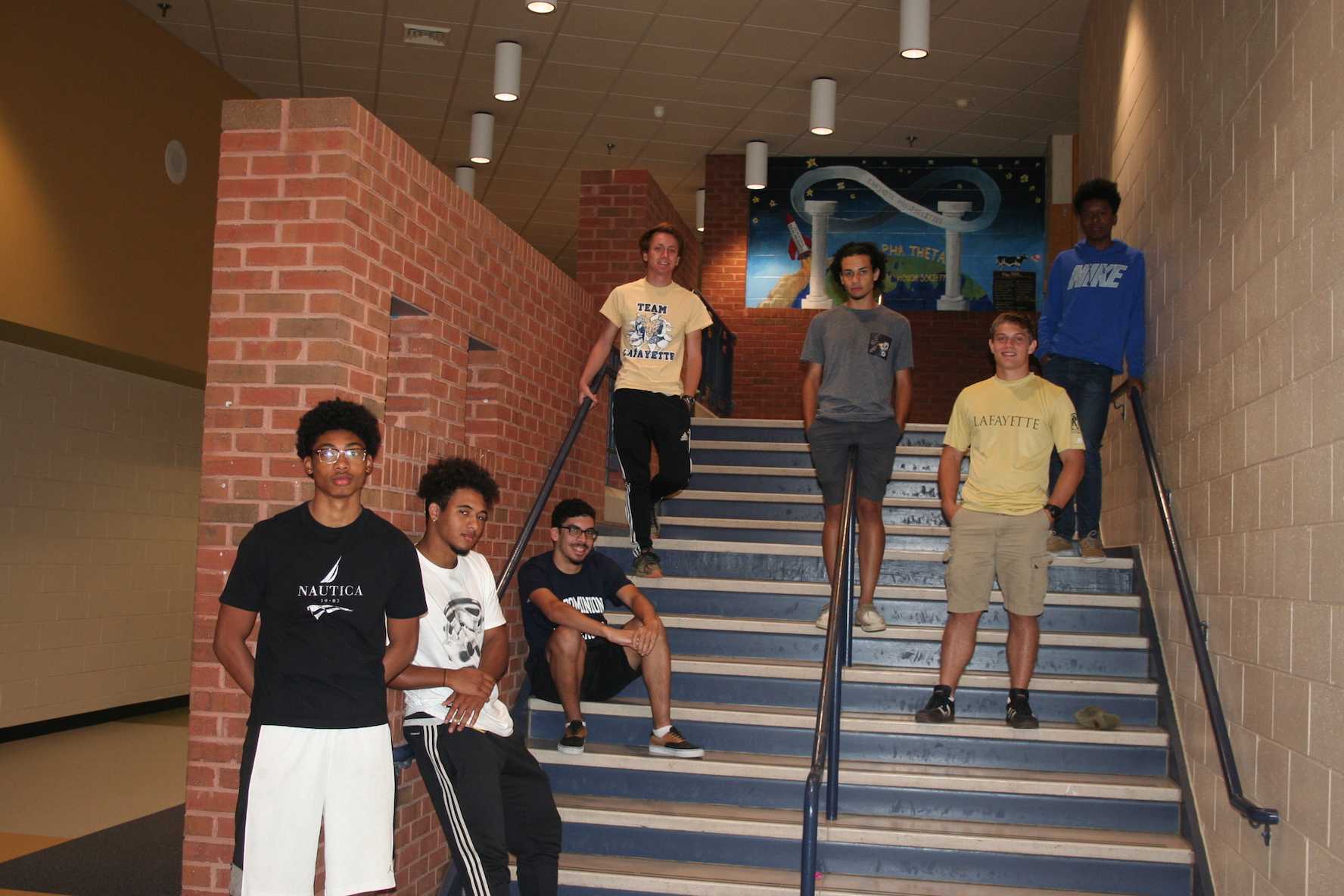 Male students from Lafayette model for before being interviewed