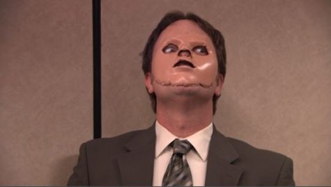 Dwight with the dummy's cut out face 