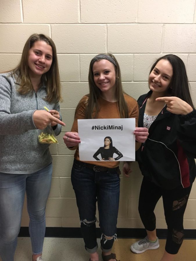 Pointing at their favorite female rapper, juniors Alaina McKnight, Madisyn Guiseppi, and Ariana Gonzalez are big fans of Nicki Minaj and listen to her music whenever they get the chance.