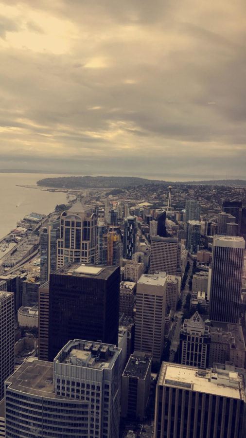 Madisyn Guiseppi takes a picture from inside the Columbia Tower, many flights up of the breathtaking view of the whole city of Seattle. Showing the famous space needle and many other well known Seattle buildings. 