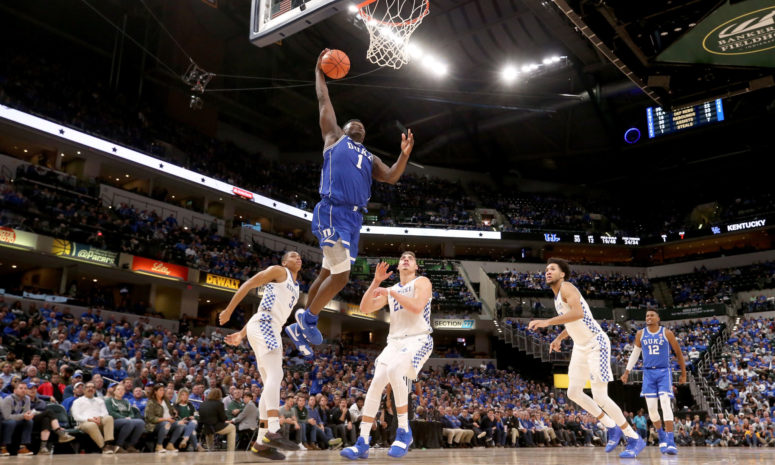 INDIANAPOLIS, IN - NOVEMBER 06:  Zion Williamson #1 of the Duke Blue Devils goes up to dunk the ball against the kentucky Wildcats during the State Farm Champions Classic at Bankers Life Fieldhouse on November 6, 2018 in Indianapolis, Indiana.  (Photo by Andy Lyons/Getty Images)