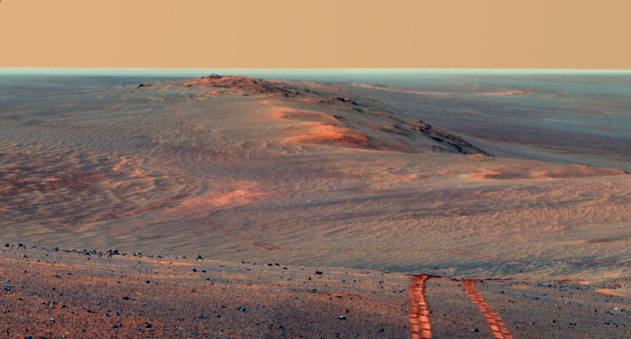 Personally one of the best pictures by Opportunity, it displays the path that it has already left its marks on.