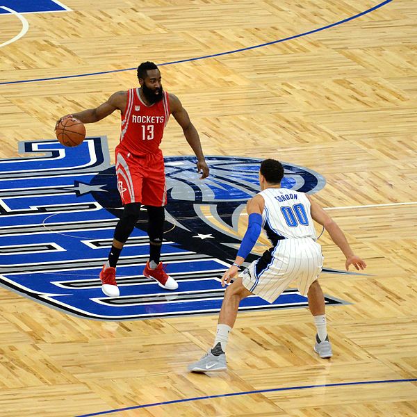 James Harden prepares to perform his infamous step-back on Aaron Gordon 
