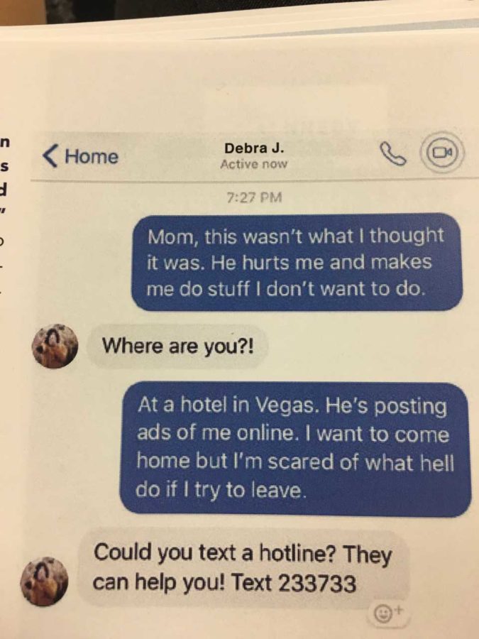 Through social media, a trafficked victim uses Facebook to message her mother and alert her of the situation. This screenshot is a real conversation posted for the public to see at Polarisproject.org 