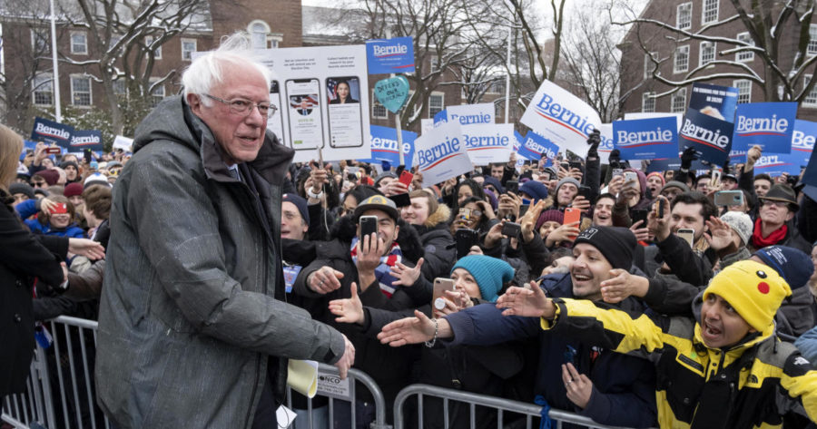 Sen. Bernie Sanders, I-Vt., greets supporters as he arrives to kick off his political campaign Saturday, March 2, 2019, in the Brooklyn borough of New York as he makes a bid for President of the United States in 2020, his second campaign for the office. (AP Photo/Craig Ruttle)