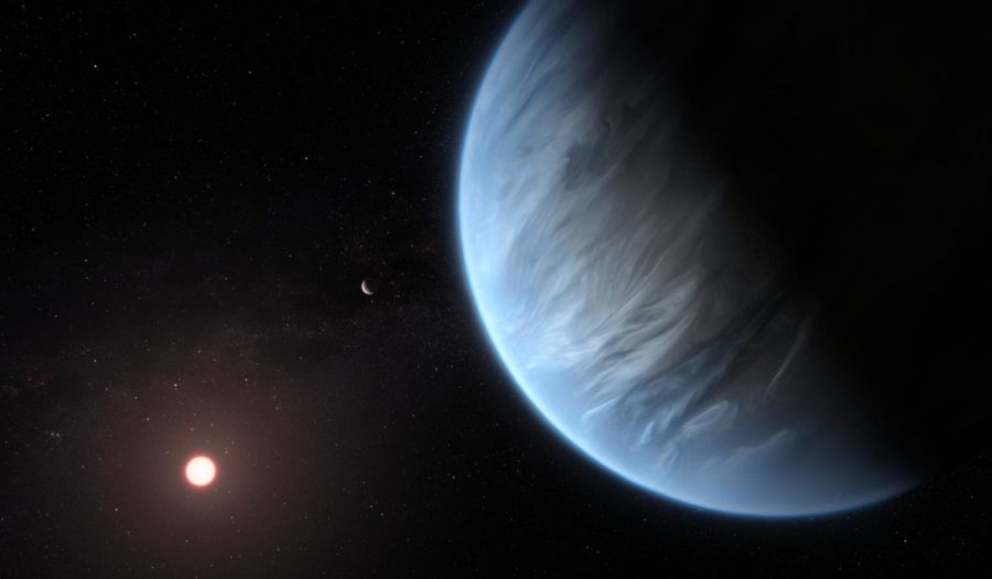 An Artist impression of what K2-18 looks like against the cold blackness of space: