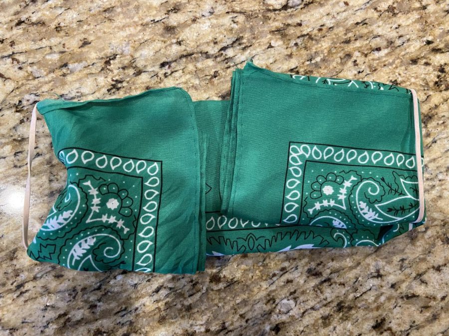 My attempt at folding a bandanna to make a mask. These worked very well, and kept us safe!
