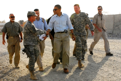 Senator Barack Obama meets with troops during his visit to Foward Operating Base Fenti, Afghanistan, July 19.
