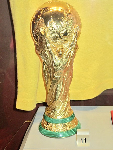 The Jules Rimet trophy, better known as the FIFA World Cup Trophy, on display at the National Football Museum in Manchester, England