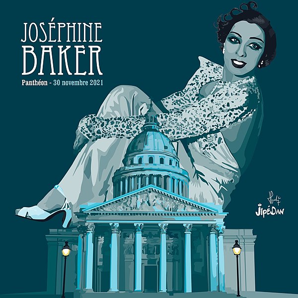 A design showcasing a digital image of Baker, along with the Pantheon, and the date of her induction.