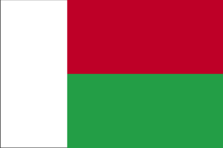This is the official flag of Madagascar, including two horizontal bands of red and green, with a vertical band of white on the left.