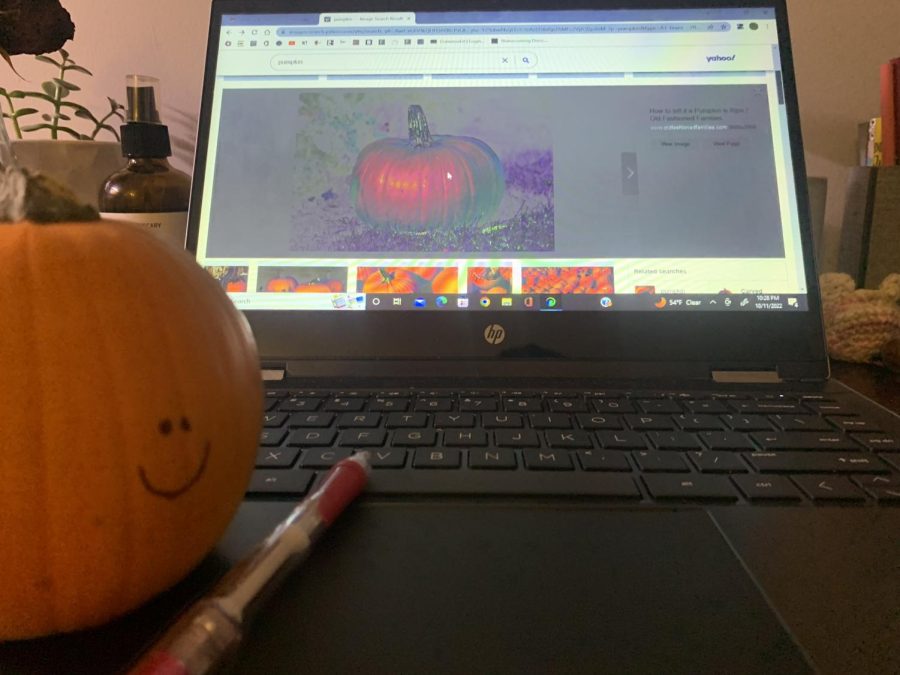 While trying to finish AP Psychology homework, The Pumpkin is dying to go out with his friends. His other Pumpkin friends are having a bond-fire while he is stuck inside.