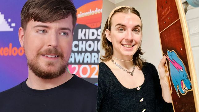 A picture of Mrbeast at the Kids Choice Awards on the left and a picture of Chris Tyson holding a Mrbeast skateboard on the right.