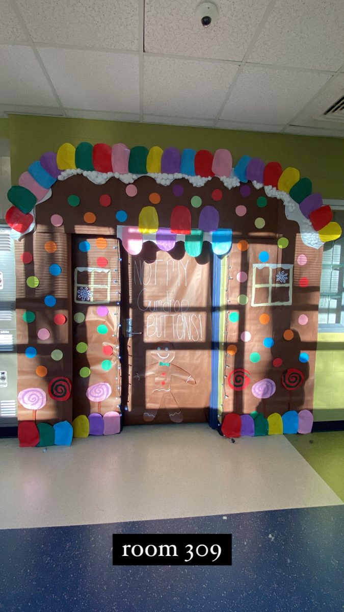 This picture shows the winning door that represents the gingerbread house.