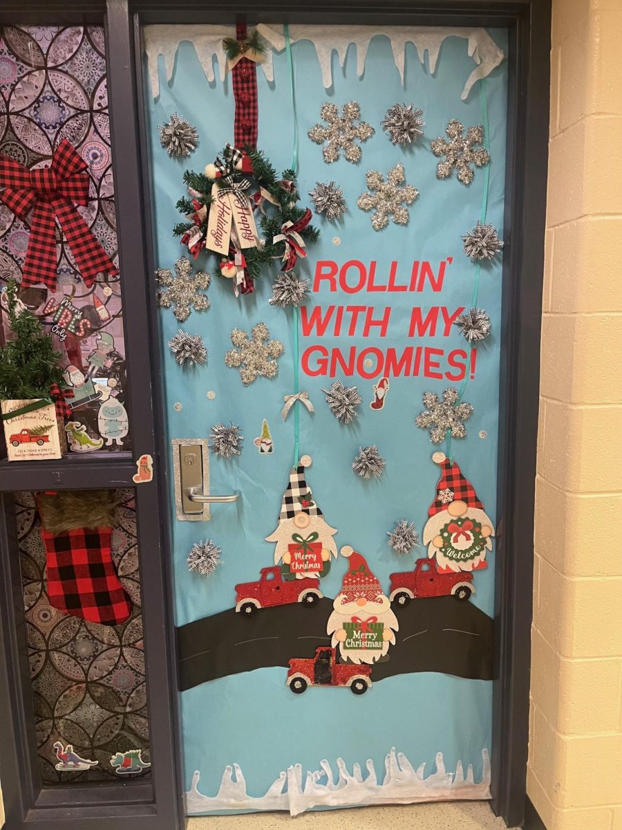 Mrs. Boyers Rollin With my Gnomes door, references Coolios song Rollin With my Homies