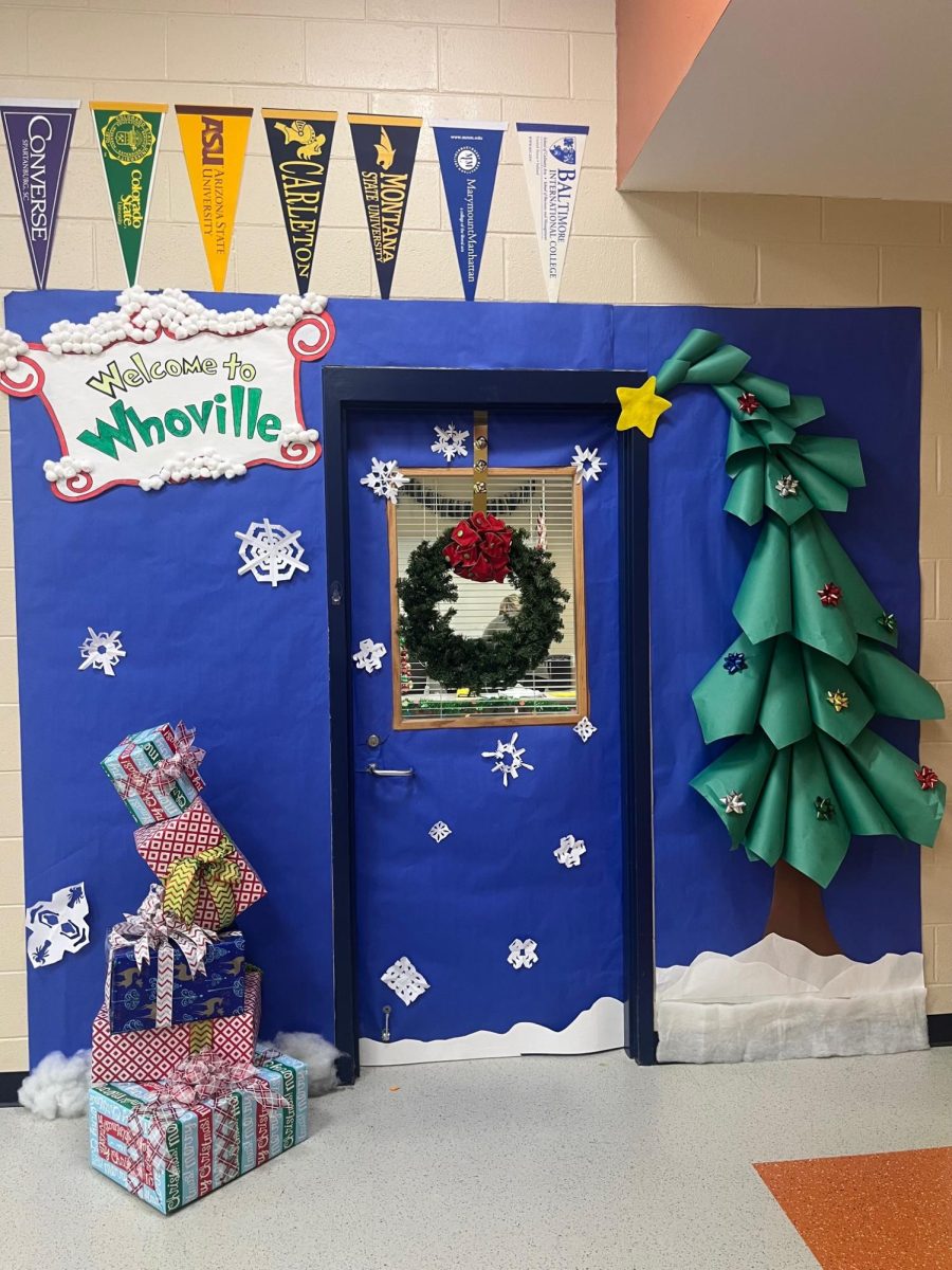 The entrance to the counseling office is appearing as an entrance to a different, more magical place of whoville this year...
