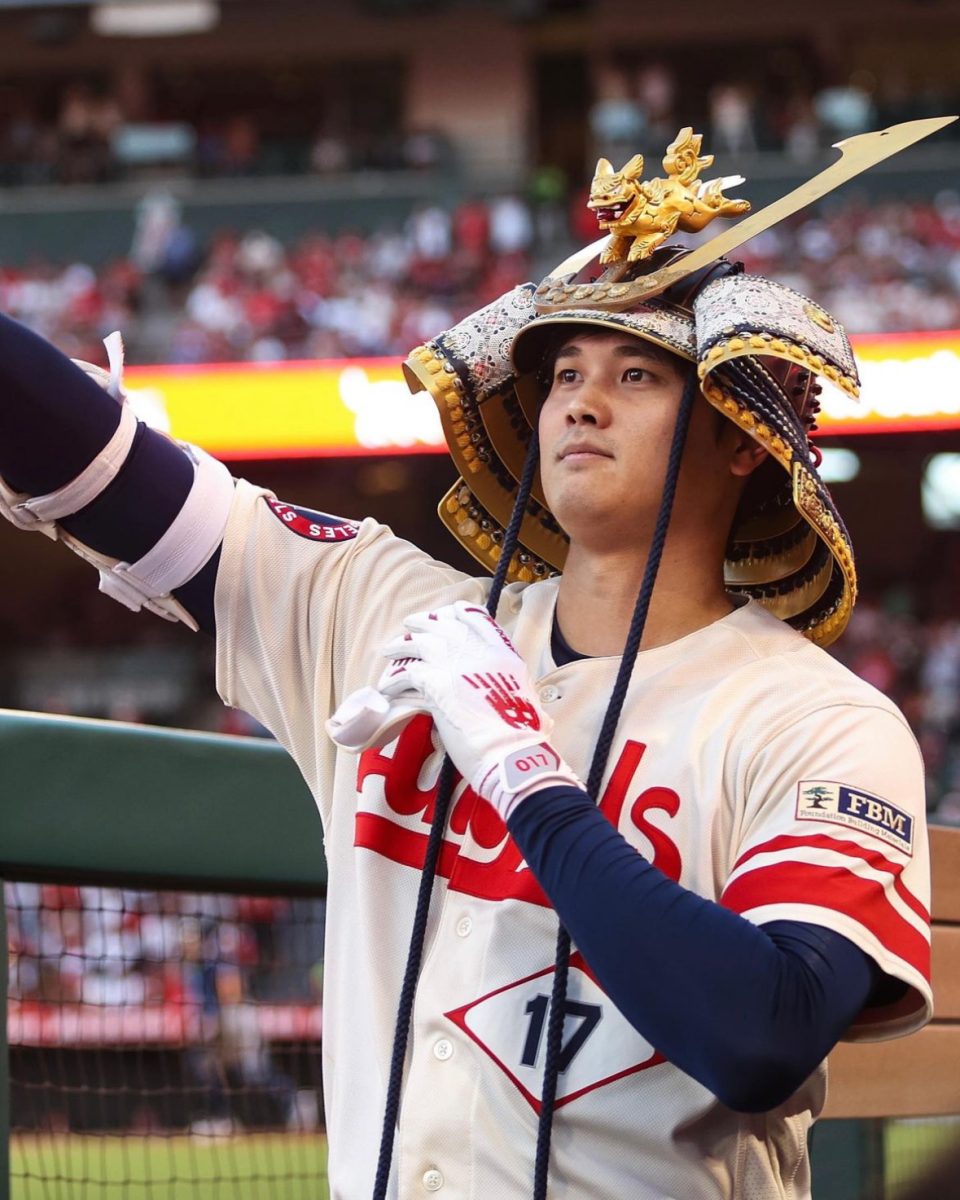 On August 18, 2023, Shohei Ohtani comes into the dugout and puts on a Samurai helmet after his grandslam against the Tampa Bay Rays. Taken from the LA Angels Instagram. 