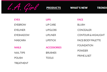 Shot from L.A Girls website showing the variety of products they have