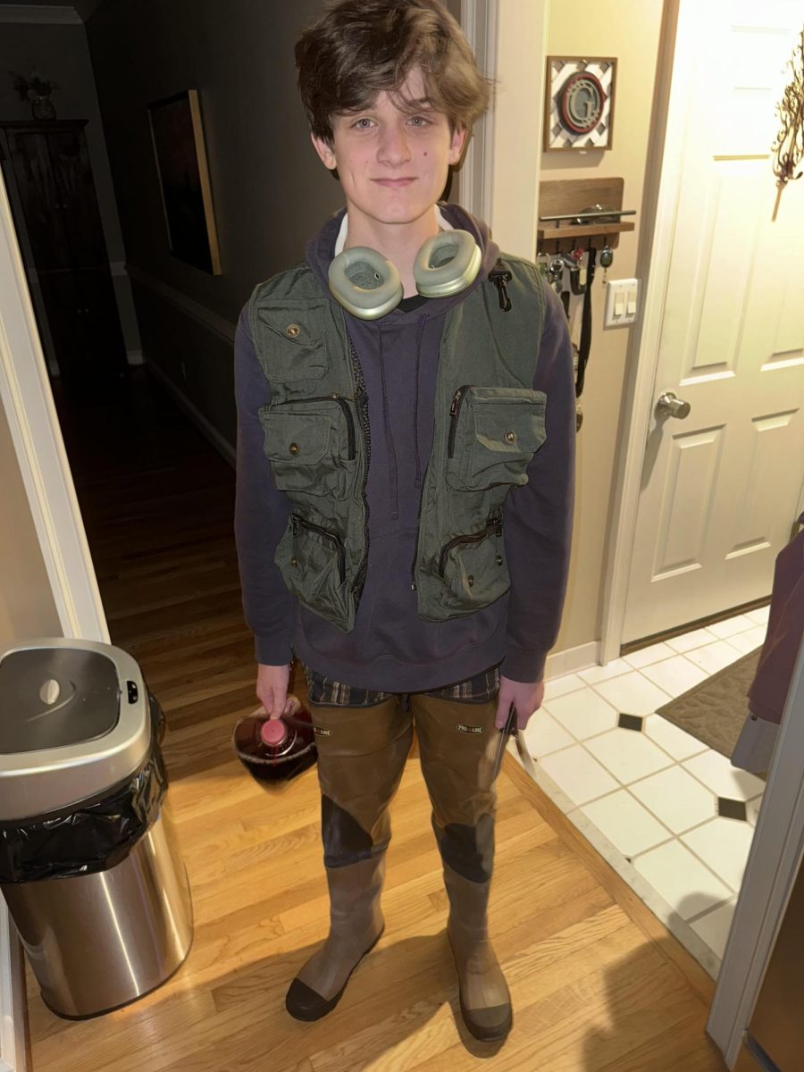 I (pictured) am avoiding Calc homework at midnight, equipped with fishing waders, airpod maxes, a gallon of ChickFila sweet tea, and a pocket knife.