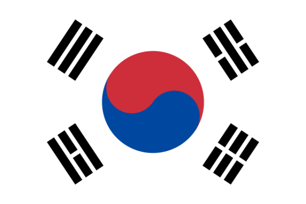 Shown in this image is the flag of the Republic of Korea, the South Korean flag has red, blue and black stripes. Photo from wikimedia