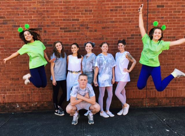 Heaven Heatherly, Jessica Link, Rachel Lia, Chase Bauer, Paige McKenzie, Kelly Carroll, Abby Crabtree, and Emaline Carr participate in day two of spirit week; Old vs. New, dressed as extraterrestrials.