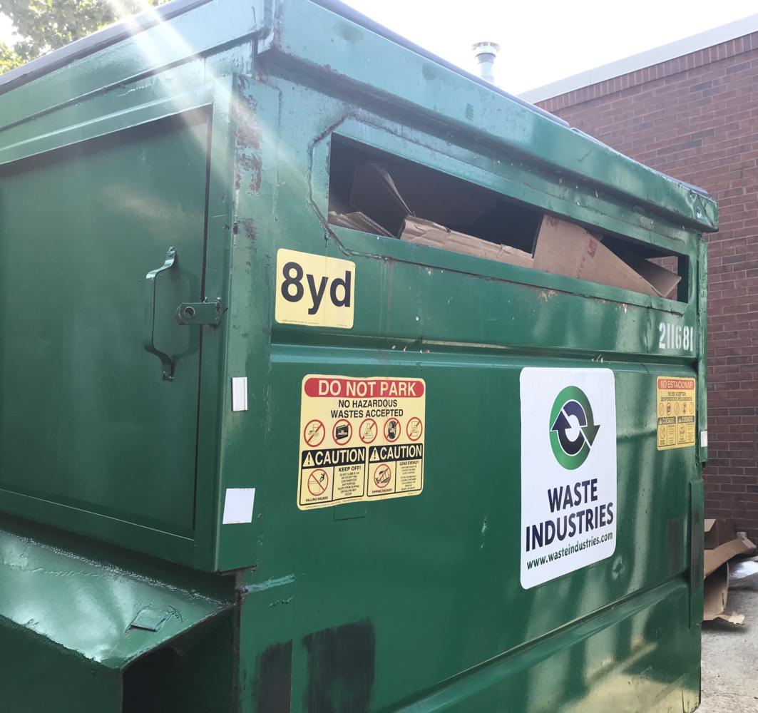 The recycling bin outside of Lafayette High School is used by students, teachers, and staff every day to help the environment.