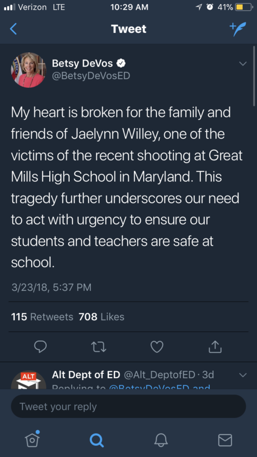 The Secretary of of Education, Betsy DeVos, tweets out her support for the family of the lone victim of the shooting