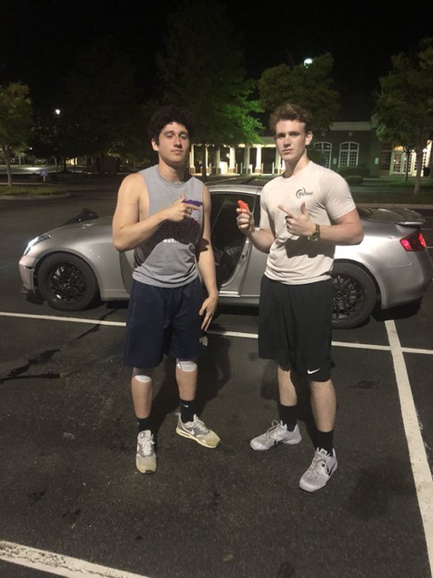 (From right to left) Cesar Ward  takes out his workout buddy Bradley Barnett  after a late night gym session.