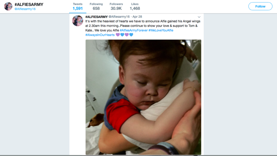 Alfie Evans died eleven days before his 2nd birthday. On May 9th, supporters gathered to hold a vigil to mourn the 23 month-old's death.