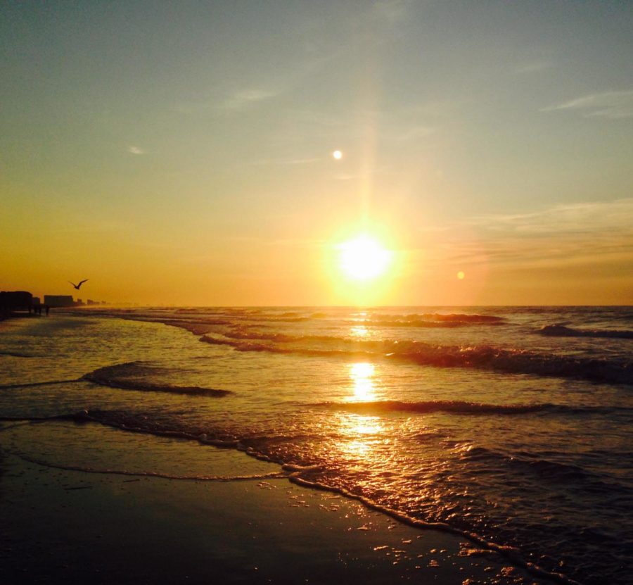 The Jamestown beach sparkles at dusk.