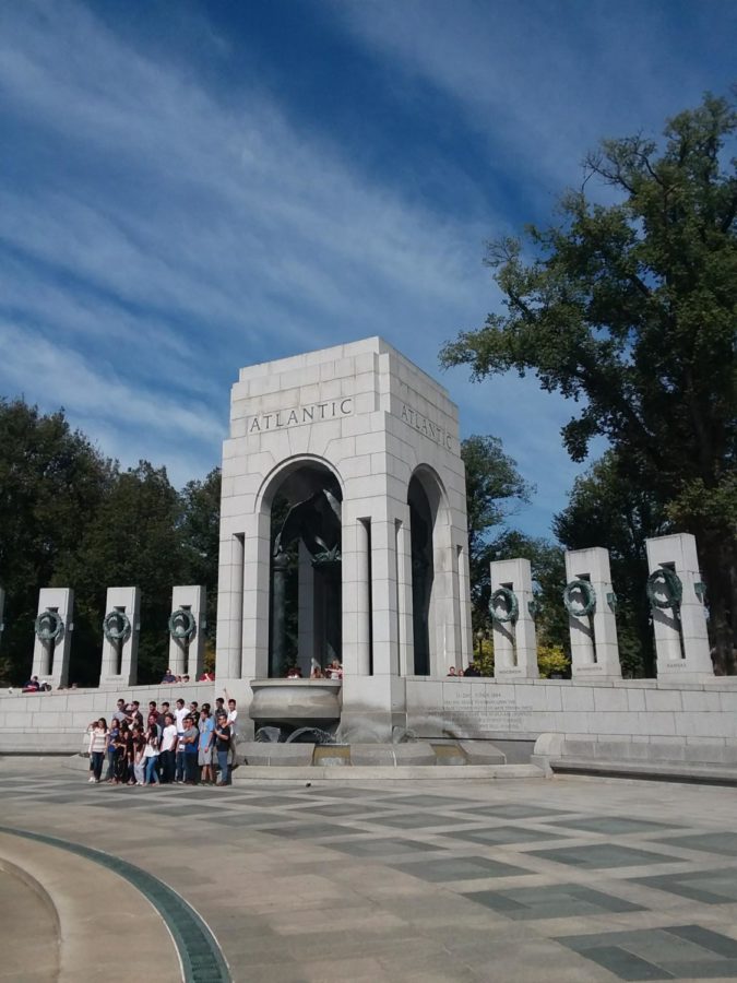 The Alantic War Memorial is surrounded by water and engraved stone showing each major battle in the Alantic and European Theatre that the Greatest Gerneration fought  in.