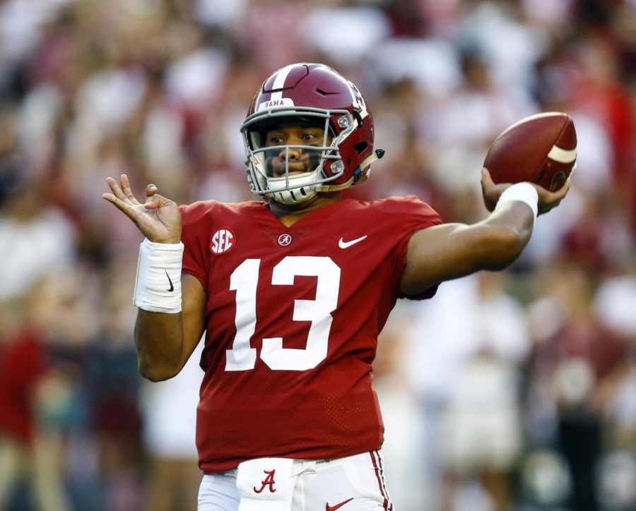 Alabama quarterback Tua Tagovailoa (13) throws a pass during the first half of the team's NCAA college football game against Missouri, Saturday, Oct. 13, 2018, in Tuscaloosa, Ala. (AP Photo/Butch Dill) ORG XMIT: ALBD102