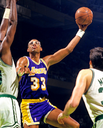 Kareem Abdul-Jabbar (#33) shoots his famous sky hook, as the Lakers take on the Celtics.