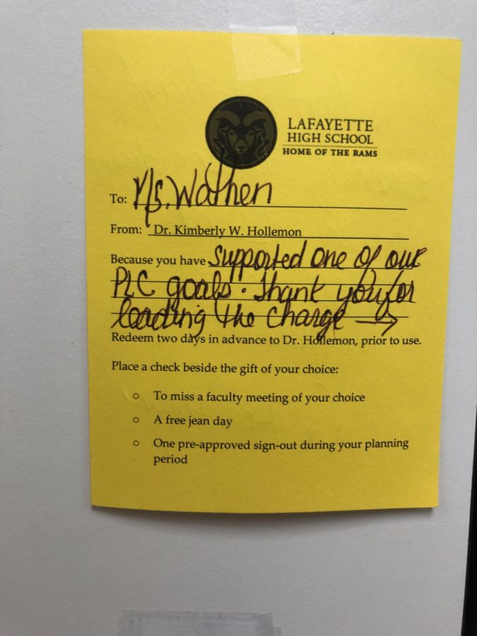 As an incentive for teachers Dr. Holloman gave teachers a slip of paper listing what they did and rewards they can earn from it. This award is most like a "Ram Star", for teachers who go above and beyond.