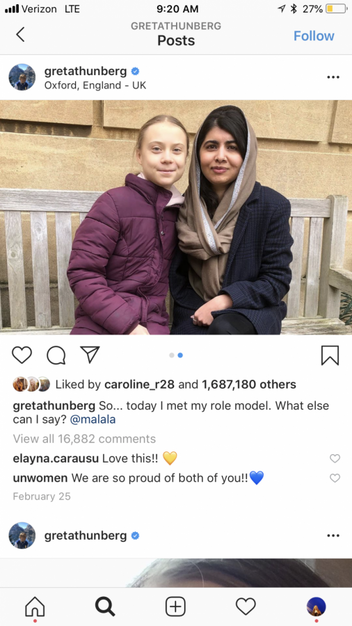 This picture taken at Lady Margaret Hall shows the two sitting side by side on a bench. Greta captions her Instagram post "so... today I met my role model. What else can I say?   
