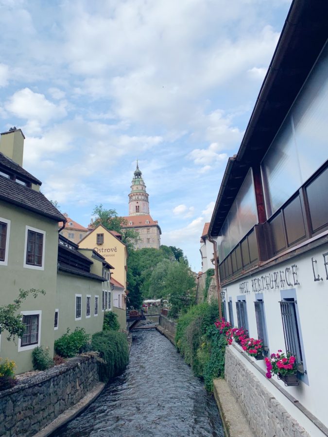 Charming canals are often part of each towns backdrop. A large river and mote runs around the historic center of Cesky Krumlov, Czech Republic. Residents take pride by planting many flower boxes for all to enjoy.