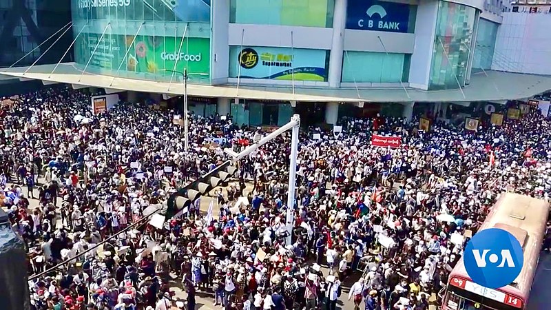 In Yangon, the capital city of Myanmar, thousands of protesters gather to participate in anti-military rally. 