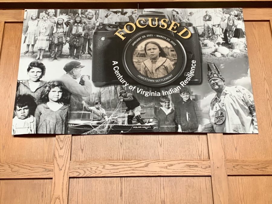 "FOCUSED: A Century of Virginia Indian Resiliency " is located within the rotunda of the museum. This banner displays some of the photos from the exhibit.