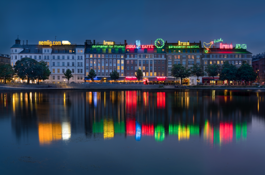 Taken in front of the iconic neon lights over the lakes (søerne) in Copenhagen, Denmark