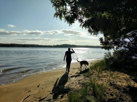 My dog and I walking along one of the many beaches off of the Colonial Parkway.