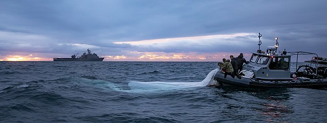 Chinese spy balloon being retrieved in the ocean off the South Carolina Coast. 