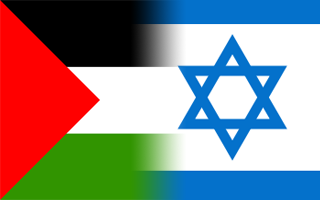 Juxtaposed Palestine & Israel flags with intermediate blurred zone