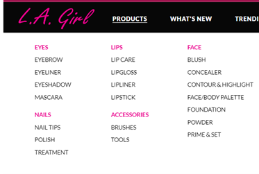 Shot from L.A Girl's website showing the variety of products they have