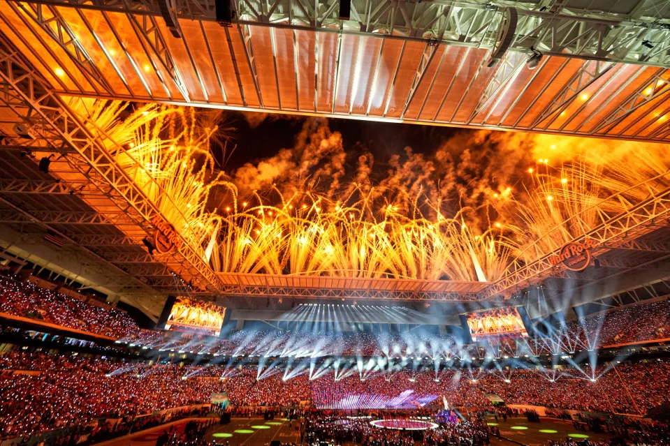 Usher's blazing performance at Hard Rock Stadium in Tampa at Super Bowl LVIII. (Getty Images)