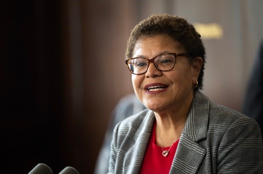 From her office answering questions from the public. Karen Bass gives one of her speeches to her veiwers.