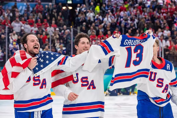 USA team honoring the win with Johnny Gaudreau, by bringing his jersey on ice.
