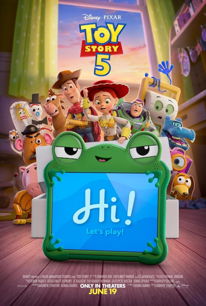 The released cover for the Toy Story 5 movie displays a children's tablet positioned in front of the toy characters, hinting that children's desire for screens is higher than their want for toys.